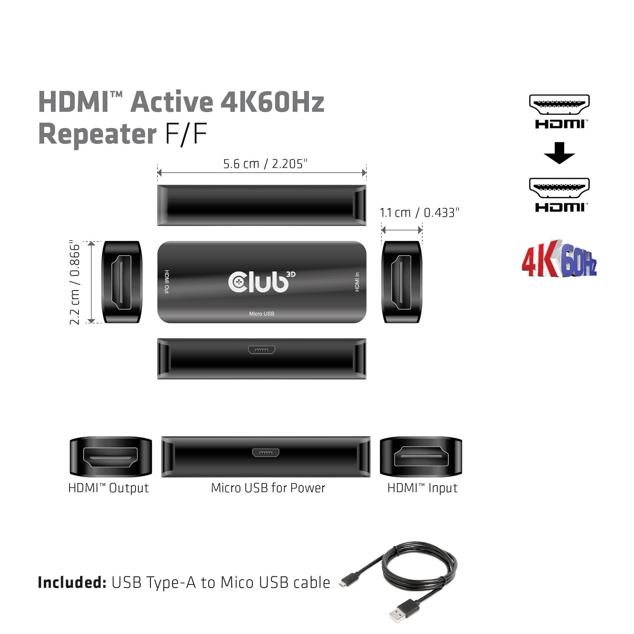 Club3D CAC-1307 HDMI®, Micro USB Repeater
