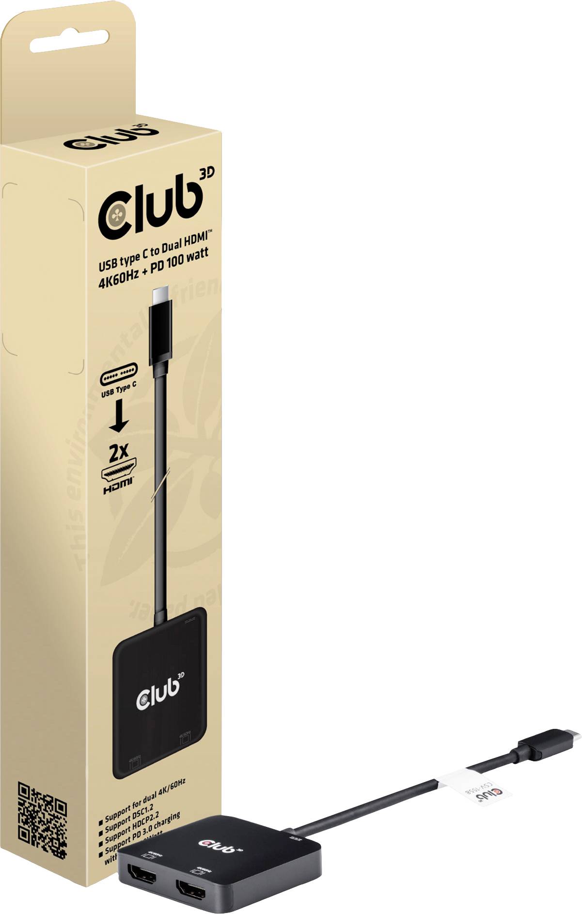 Ein USB-C auf Dual-HDMI-Adapter von Club 3D, der 4K-Auflösung und 100 Watt Power Delivery unterstützt, neben seiner Verpackung abgebildet.