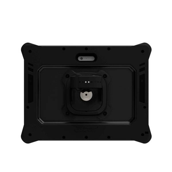 Rückseite eines Tablets in robuster Schutzhülle mit Kameraausschnitt oben und Halterung in der Mitte, geeignet für industrielle Anwendungen.