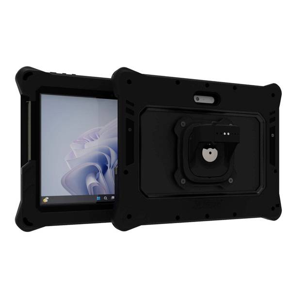 Zwei robuste Tablets in schwarzen Hüllen, eines frontal mit einem laufenden Betriebssystem, das andere zeigt die Rückseite mit einer Halterung.