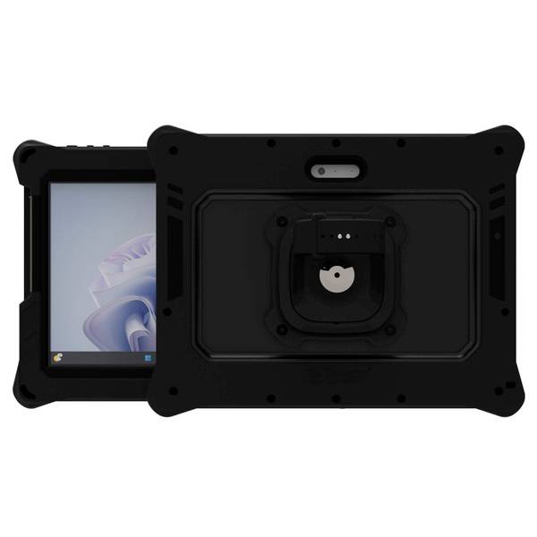 Schwarzes, robustes Tablet mit Stoßschutzrahmen, Vorder- und Rückansicht. Bildschirm zeigt UI-Symbole. Geeignet für anspruchsvolle Umgebungen.