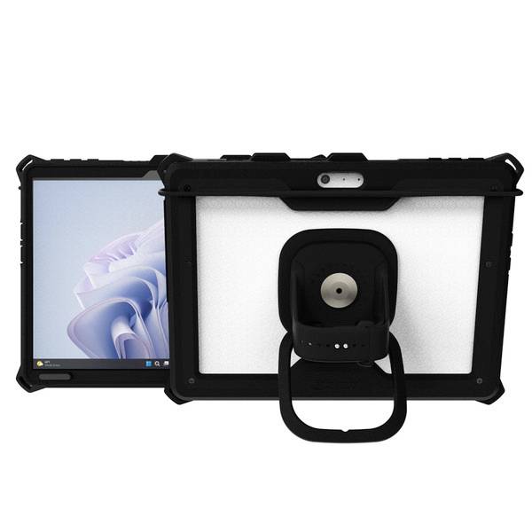 Ein Tablet mit Schutzhülle und Ständer, Vorder- und Rückansicht. Das Display zeigt ein abstraktes Hintergrundbild.