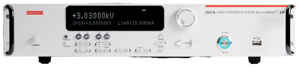 Elektronisches Messgerät mit Bildschirm zeigt '+3.103000 kV'. Weitere Tasten und Regler zur Steuerung der Messparameter.