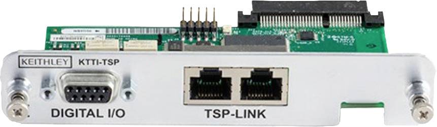 Eine digitale I/O-Platine mit zwei TSP-Link-Anschlüssen, einem seriellen Anschluss und Beschriftungen wie 'KEITHLEY KT1I-TSP'.