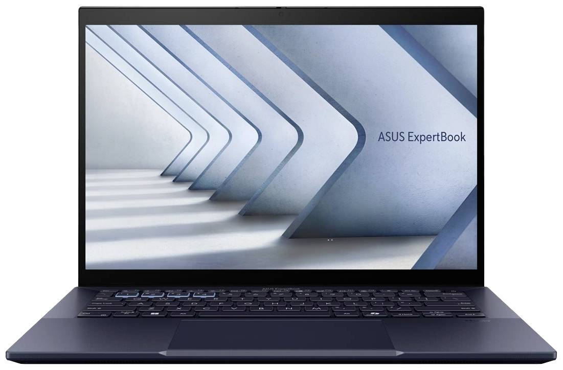Ein ASUS ExpertBook Laptop mit elegantem, modernem Design; Bildschirm zeigt ein minimalistisches Architekturmotiv.