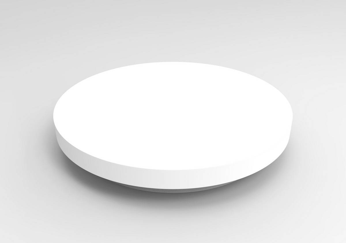 Eine einfache, runde, weiße Plattform ohne Details oder Dekorationen, auf einem neutralen Hintergrund.