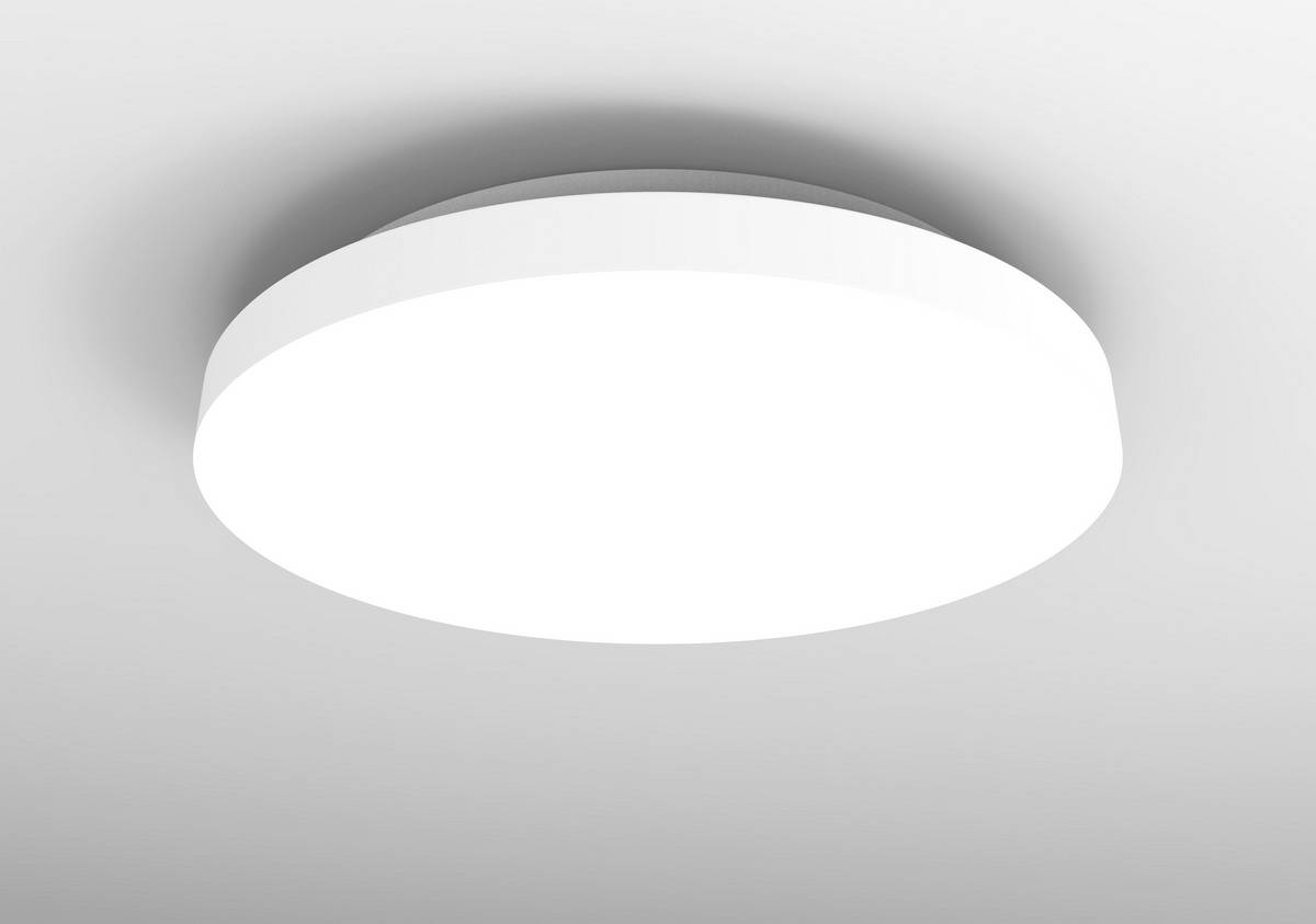 Runde, weiß leuchtende Deckenlampe auf grauem Hintergrund, zentral positioniert.