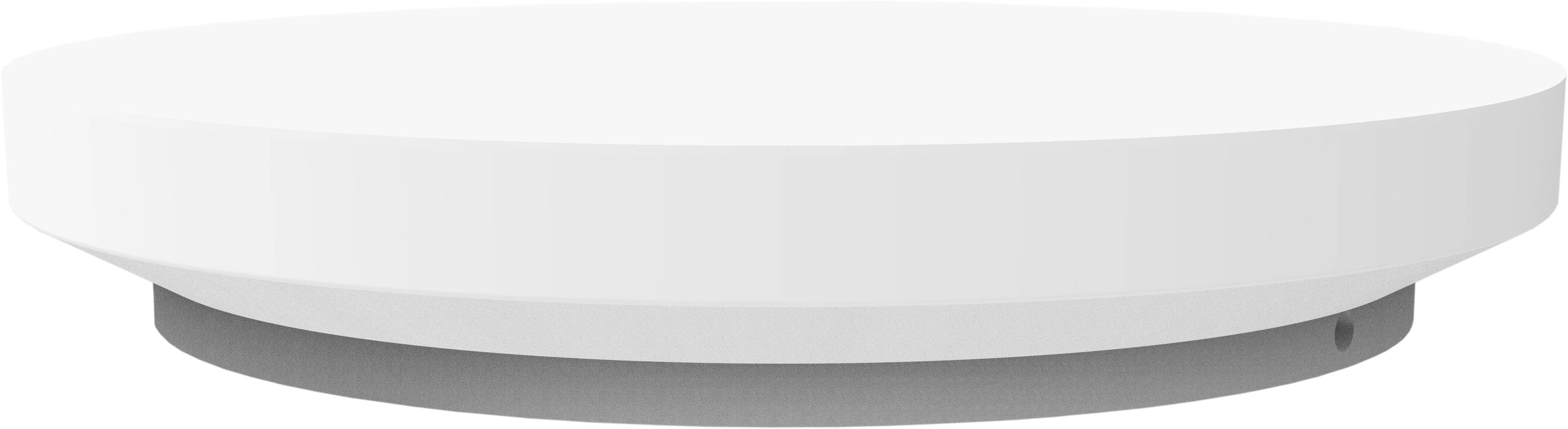 Die Abbildung zeigt eine runde, weiße Deckenleuchte mit einem schlichten, modernen Design. Sie ist von unten betrachtet.