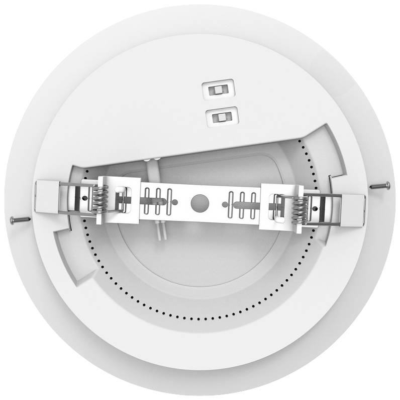 Rückansicht einer runden, weißen LED-Deckenleuchte mit zwei Klemmen und Schrauben zur Befestigung an der Decke.