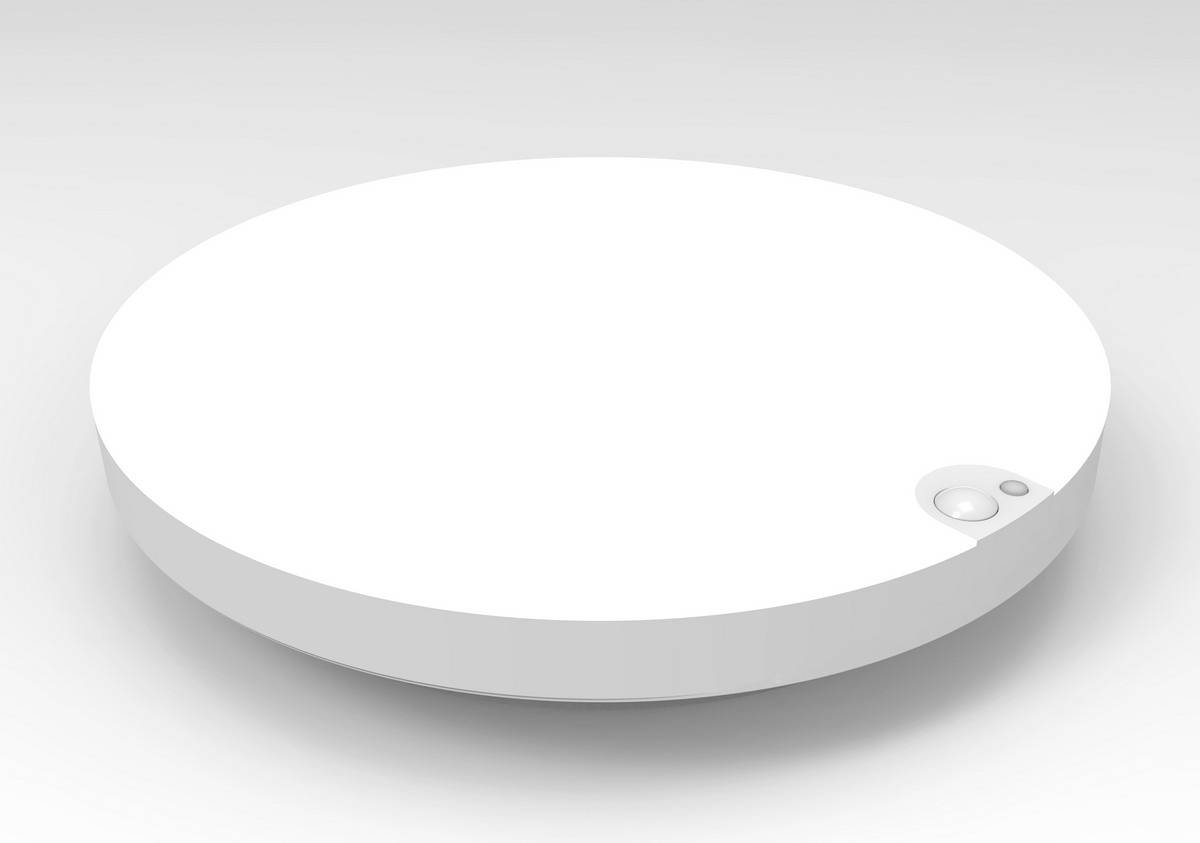 Runde weiße Plattform mit einem kleinen versenkten Bereich an der Kante, zentral auf einem grauen Hintergrund platziert.