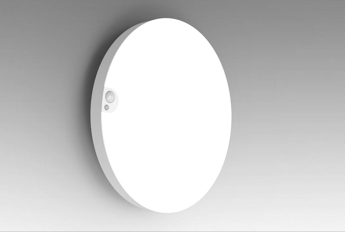 Runde, weiße Wandleuchte auf grauem Hintergrund, mit integriertem Bewegungssensor auf der linken Seite.