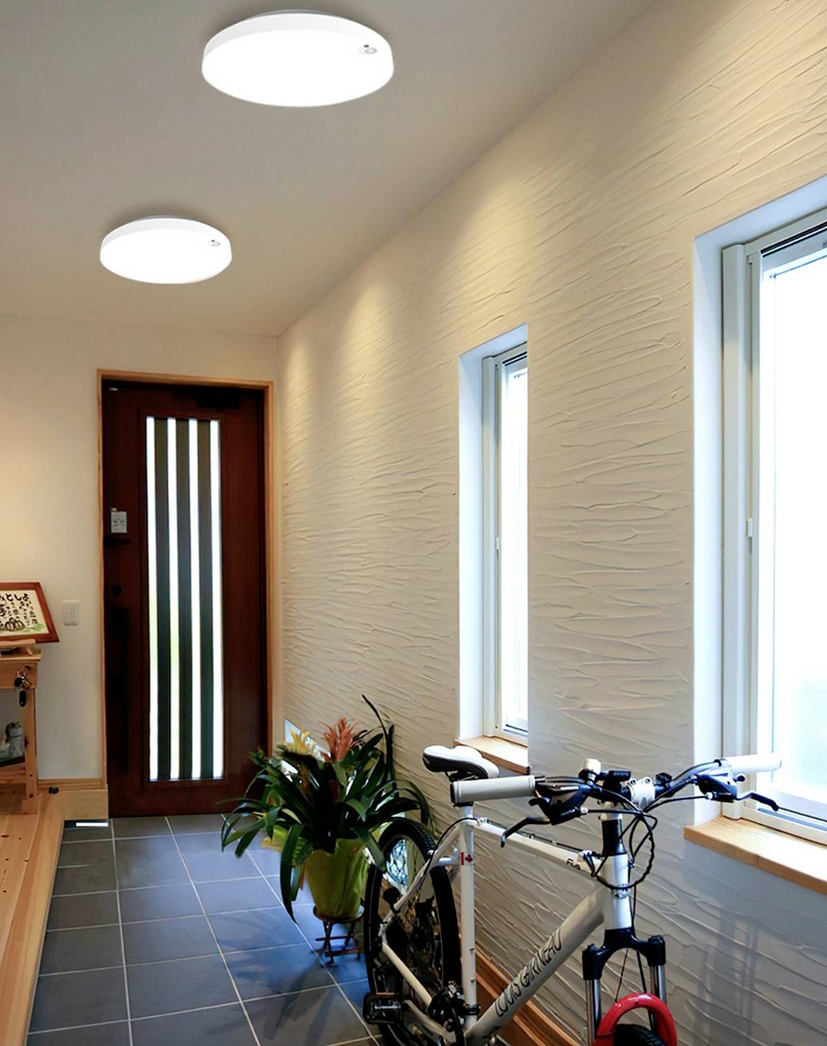 Fahrrad im Eingangsbereich eines Hauses neben Pflanzen auf Fliesenboden; moderne LED-Deckenleuchten beleuchten den Raum.