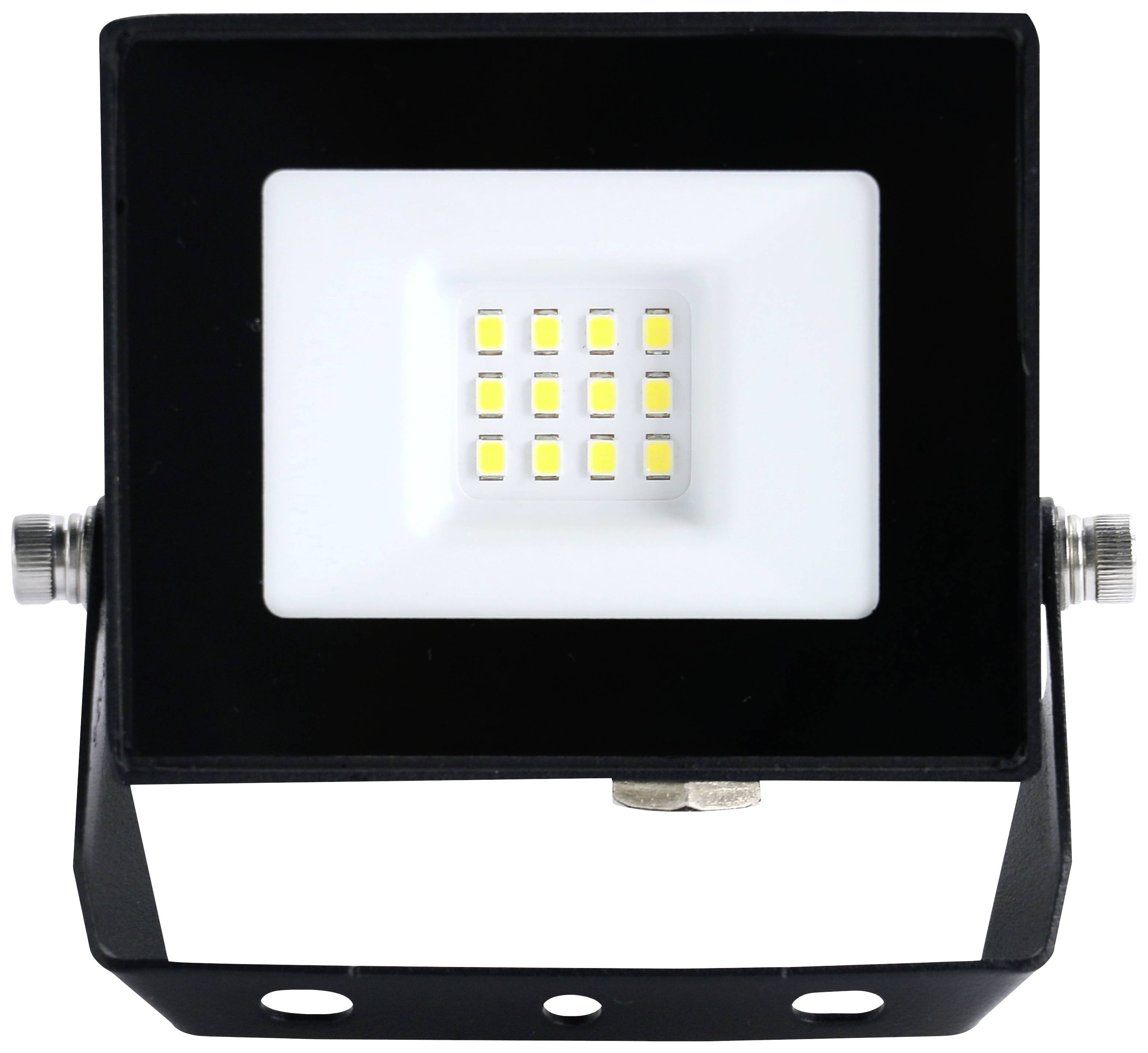 Ein LED-Flutlicht mit rechteckigem Gehäuse und mehreren kleinen Lichtquellen, geeignet für Außenbeleuchtung.