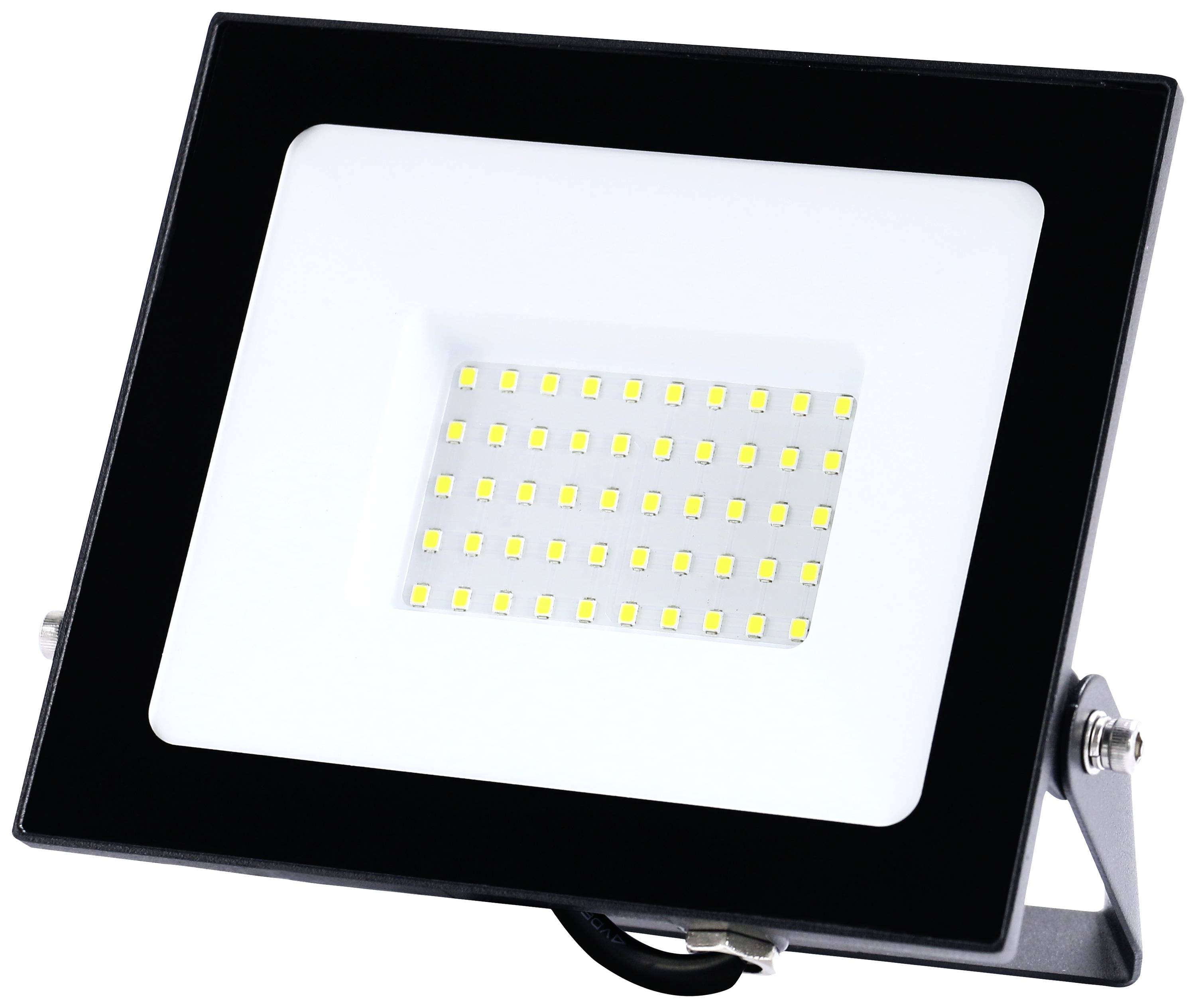 Ein rechteckiger LED-Fluter mit schwarzem Rahmen und vielen kleinen, leuchtenden LED-Lampen in der Mitte, auf einem Stativ montiert.