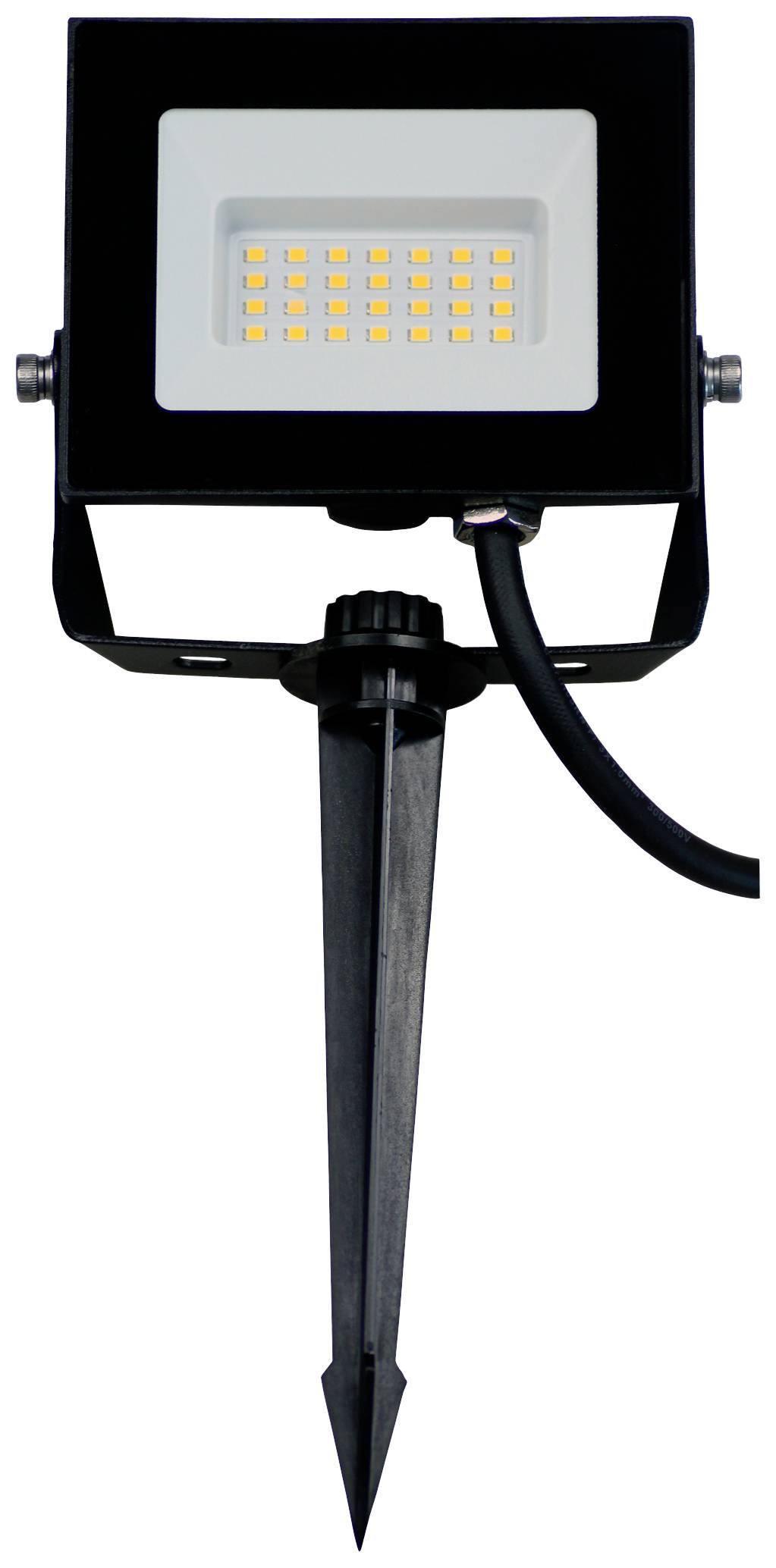 Ein schwarzer LED-Außenstrahler mit Erdspieß und Kabel ist dargestellt, ideal für die Beleuchtung von Gartenflächen oder Wegen.