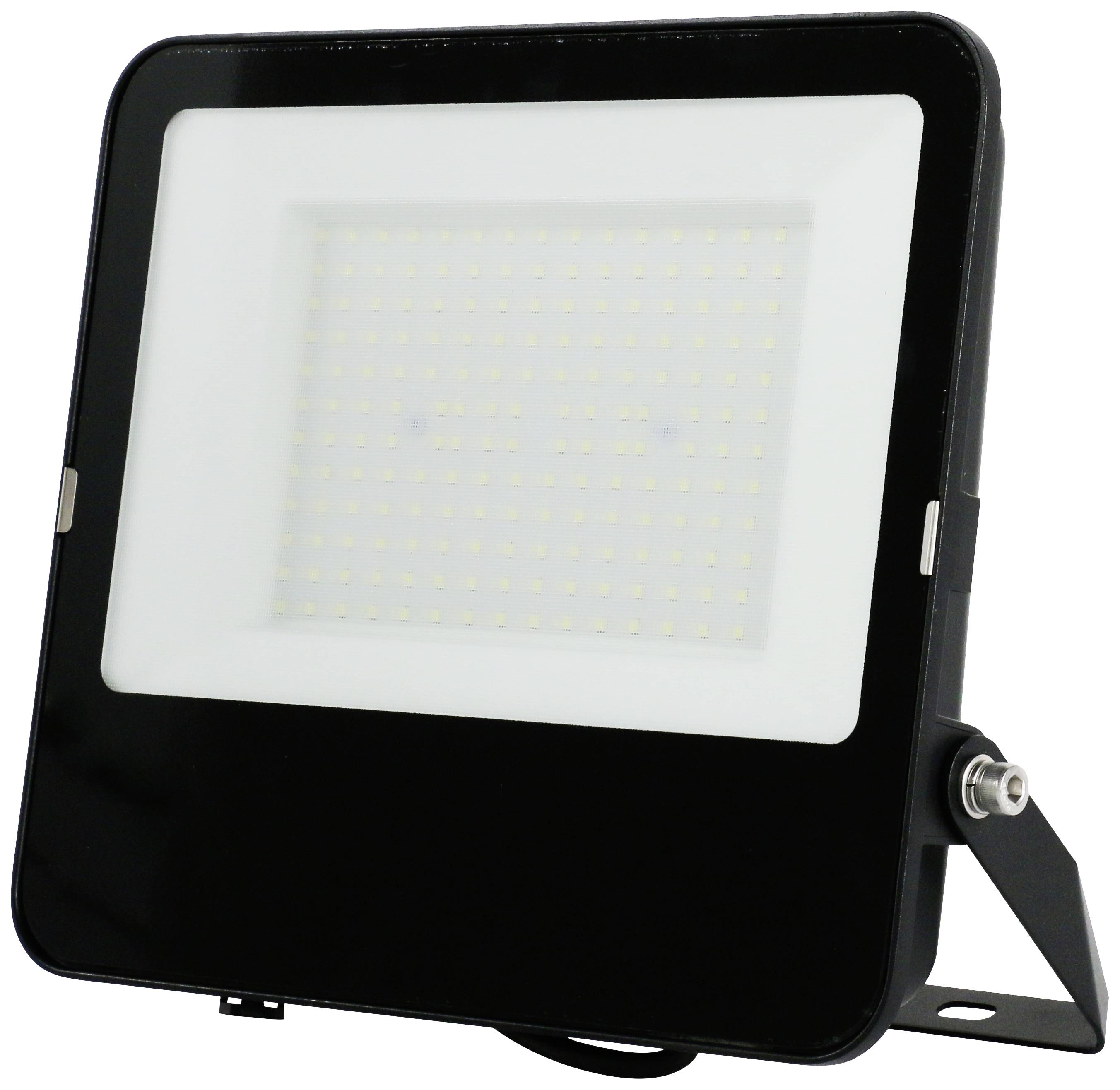 Ein LED-Flutlichtstrahler mit rechteckigem, schwarzem Gehäuse und zahlreichen kleinen Leuchtdioden auf der weißen Fläche.