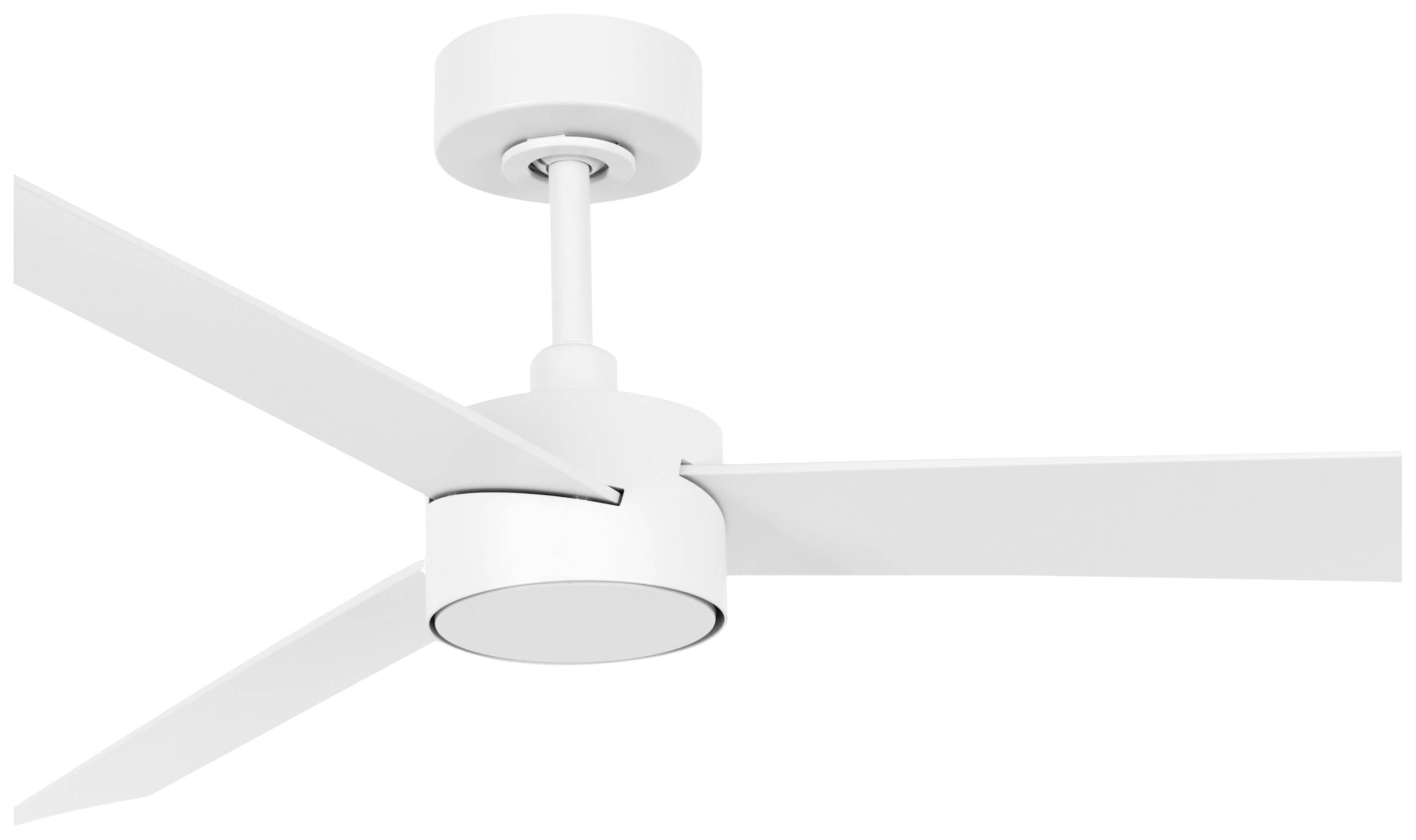 Weißer Deckenventilator mit drei Flügeln und runder Halterung, neutral gestaltet für moderne Innenräume.
