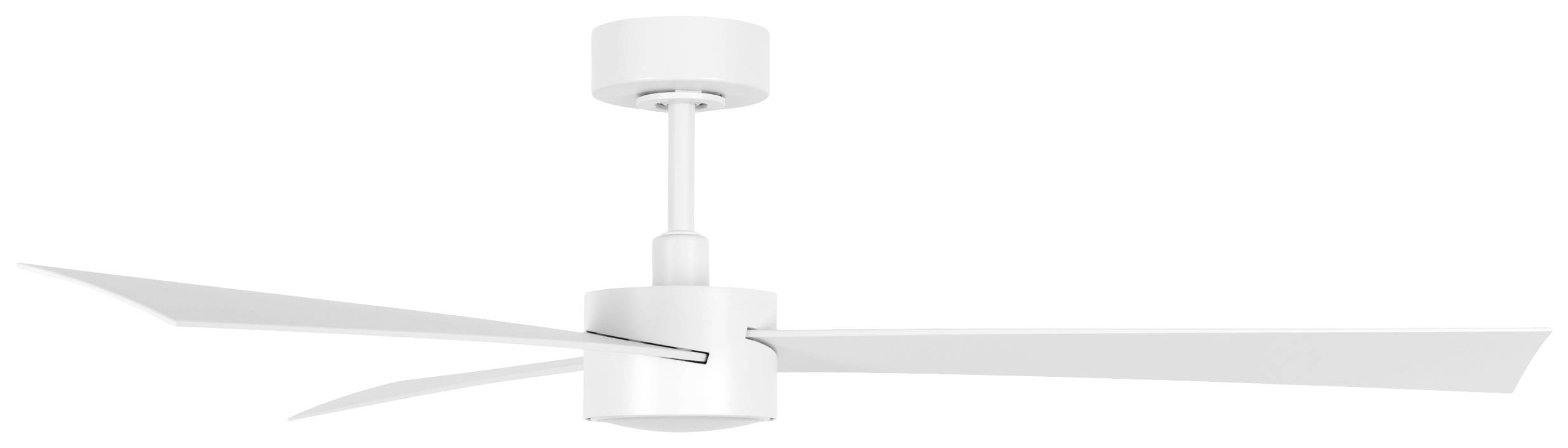 Deckenventilator mit drei weißen, schlanken Flügeln und einem zentralen Zylinder, montiert an der Decke. Minimalistisches Design.