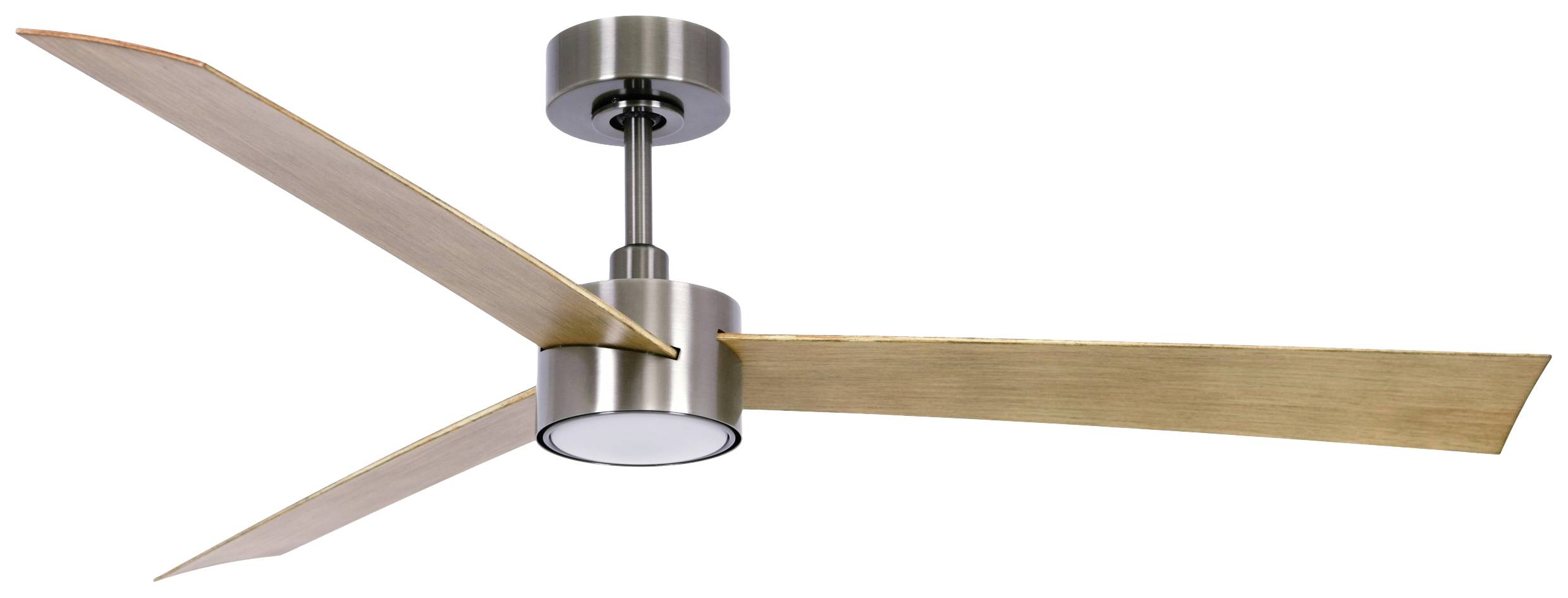 Deckenventilator aus Metall mit drei hölzernen Flügeln und einer zentralen Leuchte.