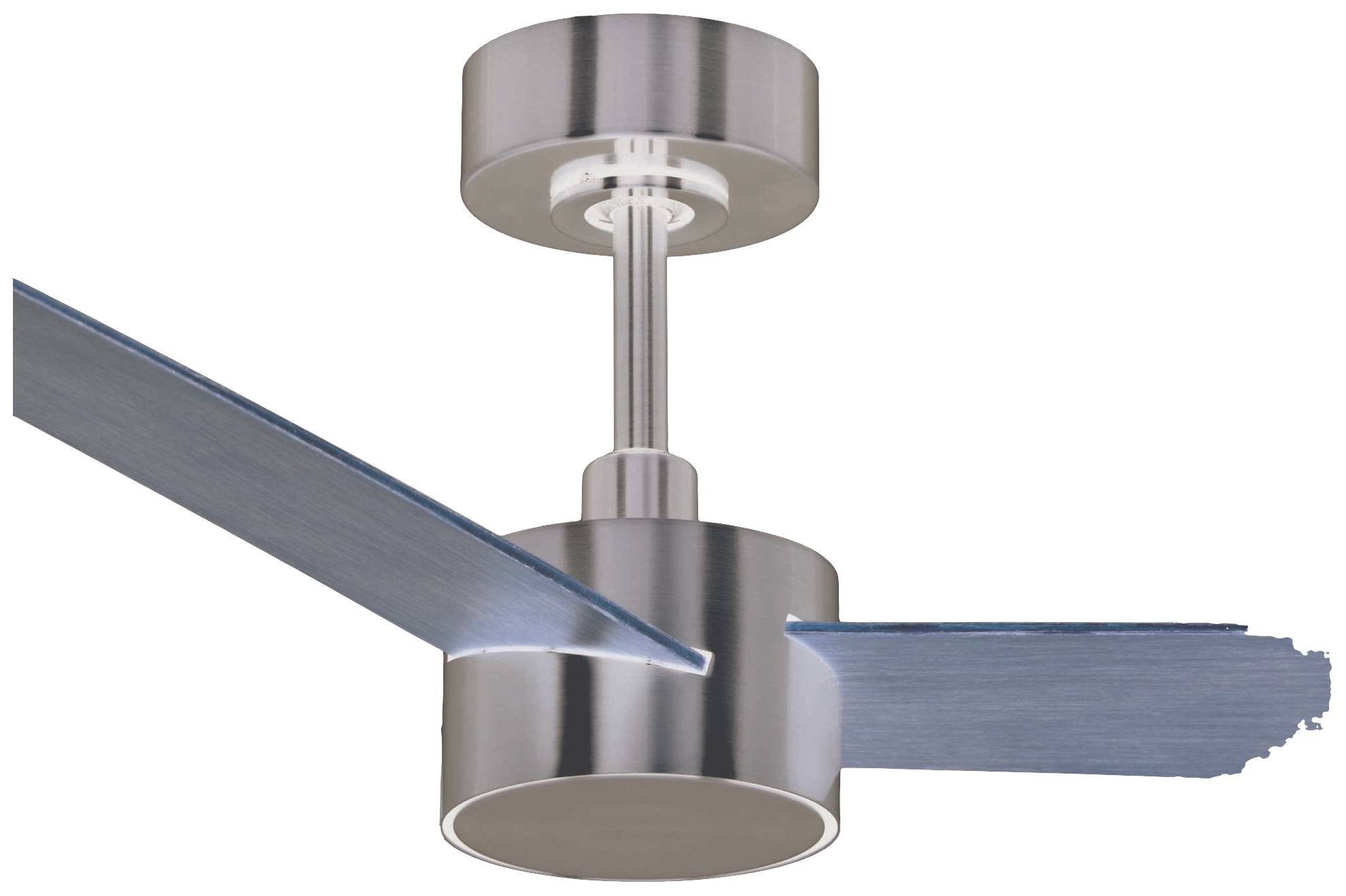 Deckenventilator aus Metall mit zwei blauen Flügeln, montiert an einer befestigten Halterung.