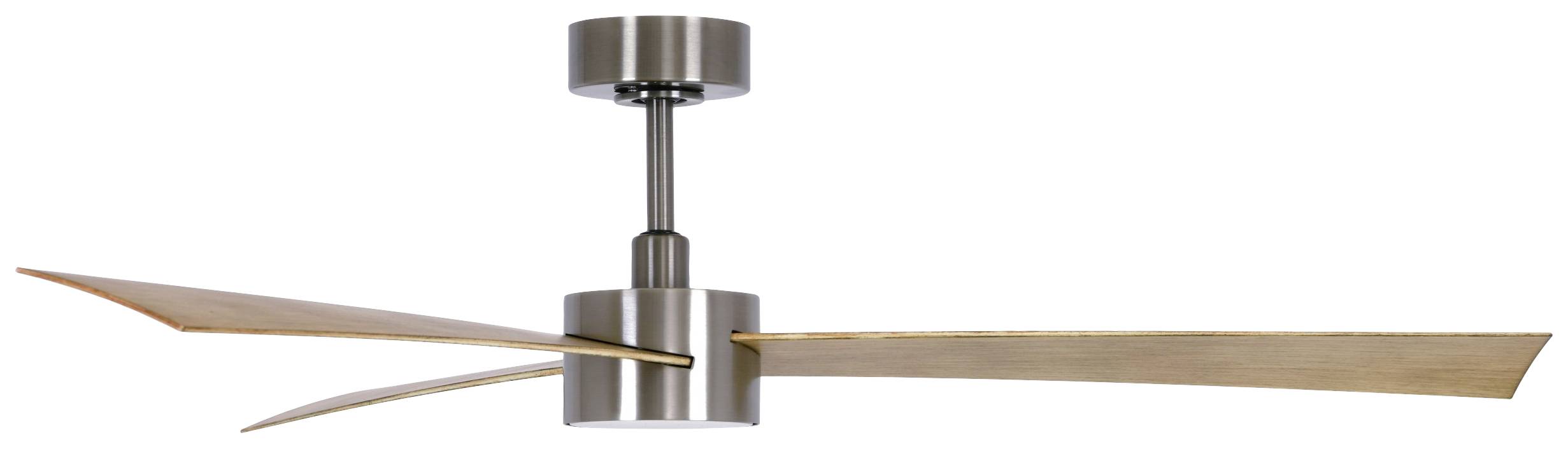 Deckenventilator aus Metall mit drei langen Holzflügeln, modernes Design.