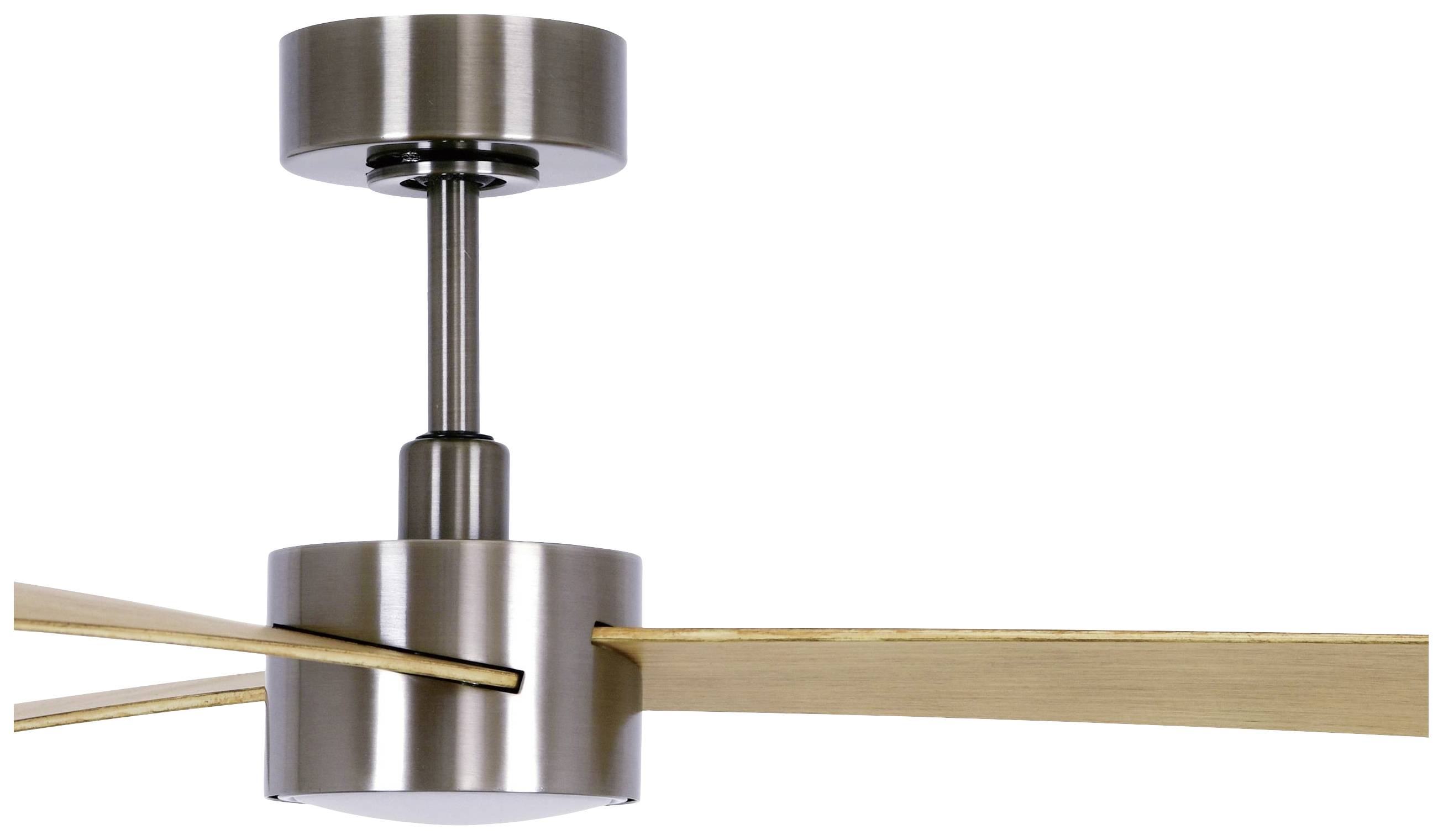 Ein moderner Deckenventilator mit einem Metallgehäuse und Holzflügeln, an einer Stange montiert. Ideal für zeitgenössische Räume.