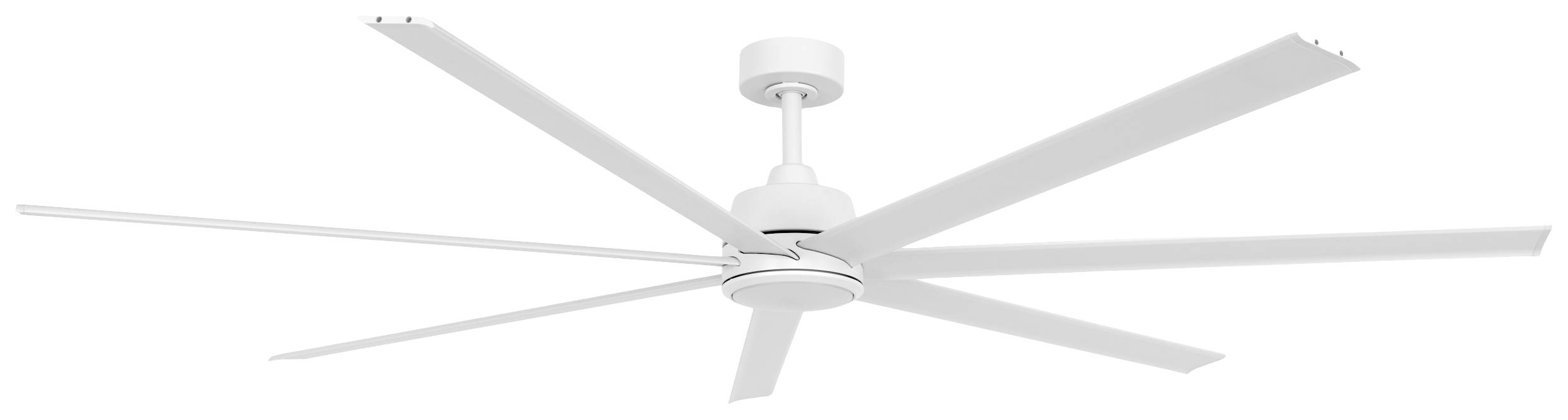 Weißer Deckenventilator mit sechs langen, schlanken Flügeln, montiert an einer kurzen Stange. Geeignet für große Räume.