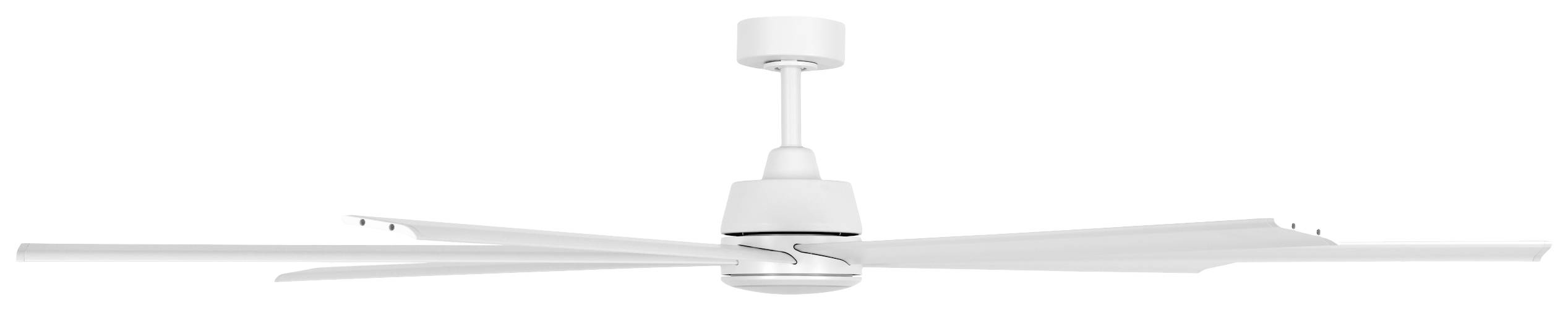 Deckenventilator mit fünf flachen, langen Flügeln in modernem Design, komplett in Weiß, aufgehängt an einer kurzen Stange.