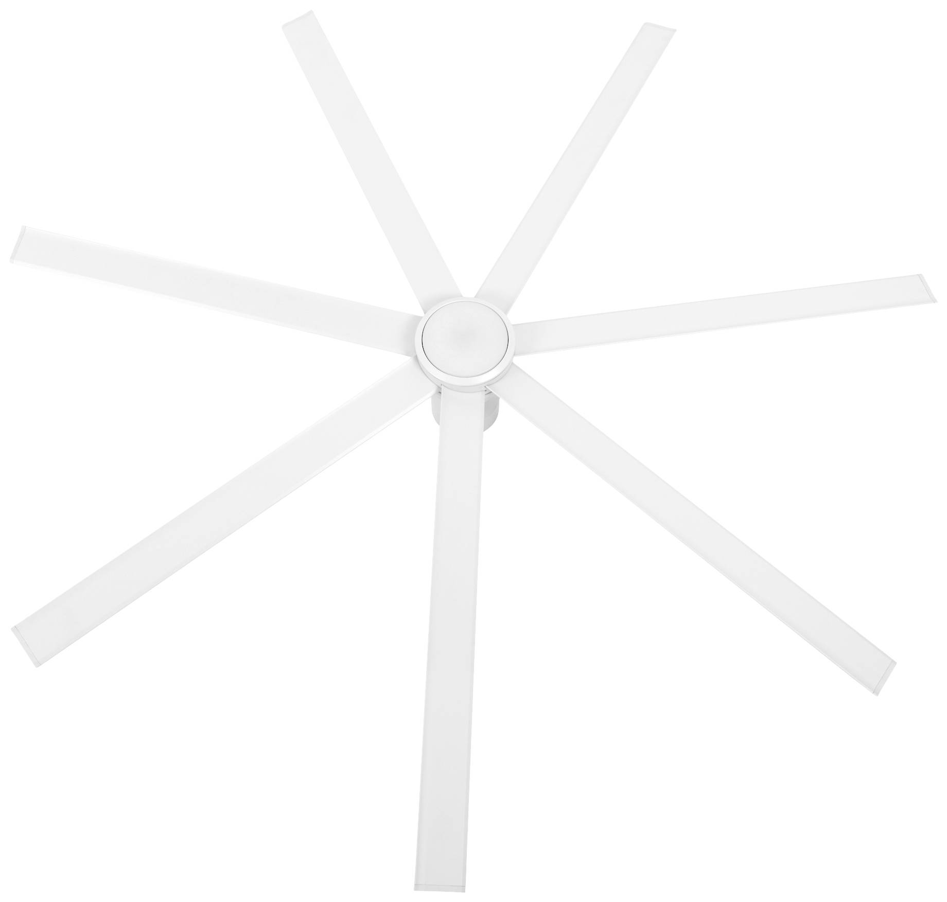 Ein weißer Deckenventilator mit acht langen, schmalen Flügeln, abgebildet vor einem hellen Hintergrund.