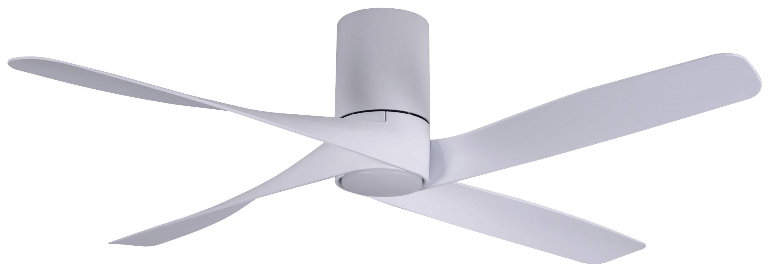 Moderner Deckenventilator mit vier weißen Flügeln, schlichtes Design.