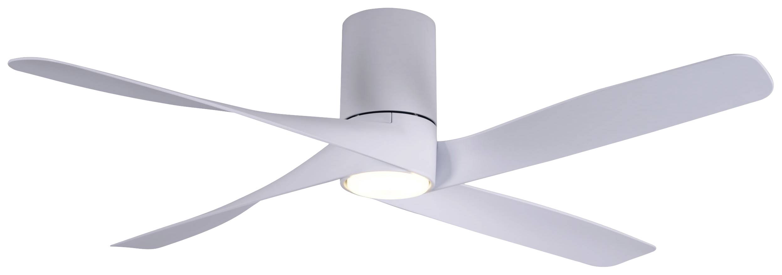 Ein moderner weißer Deckenventilator mit vier Flügeln und integriertem Licht, geeignet für die Raumkühlung und Beleuchtung.