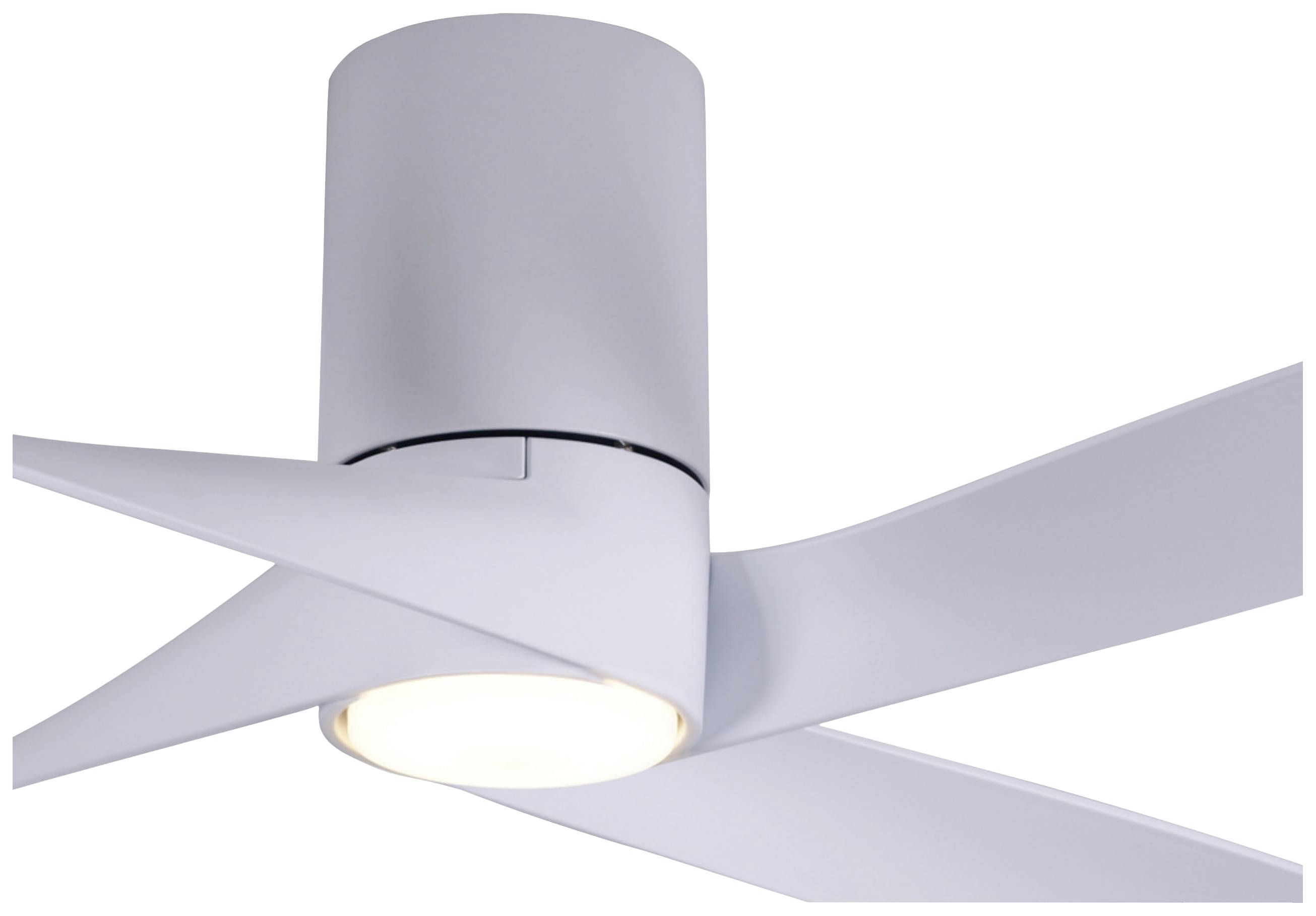 Deckenventilator mit modernen weißen Flügeln und einer integrierten, runden LED-Leuchte in der Mitte.