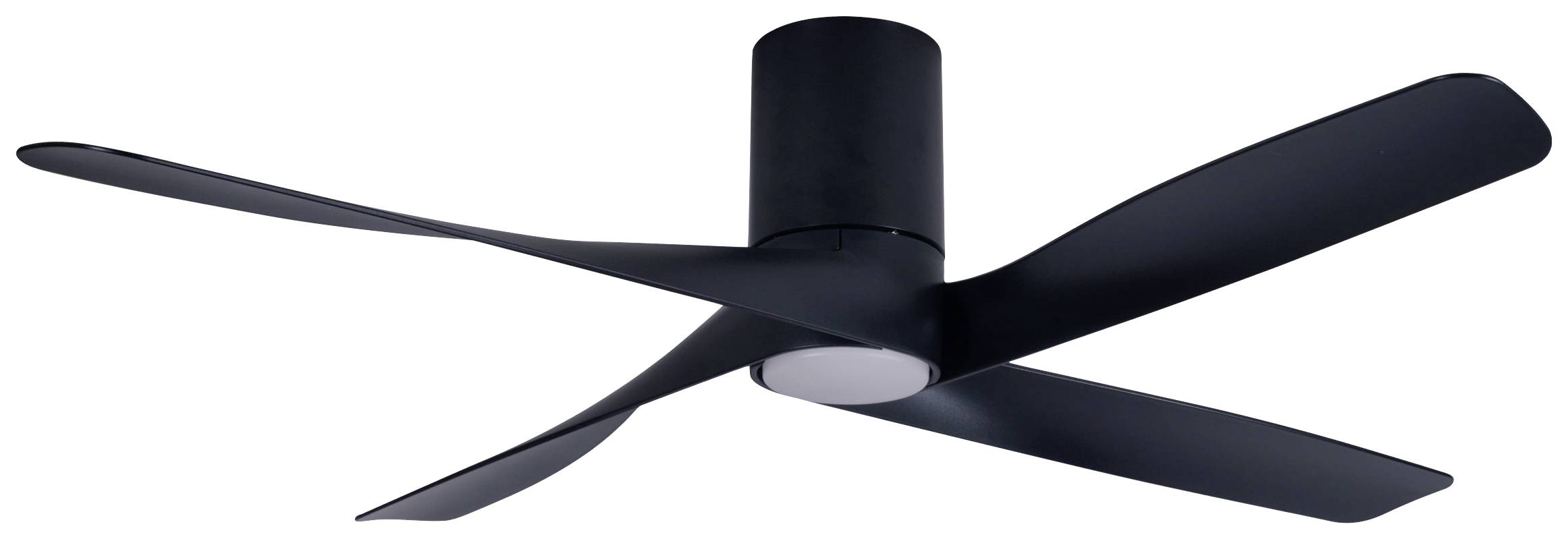 Schwarzer Deckenventilator mit vier flachen Flügeln, montiert an einem zylindrischen Gehäuse, auf weißem Hintergrund.