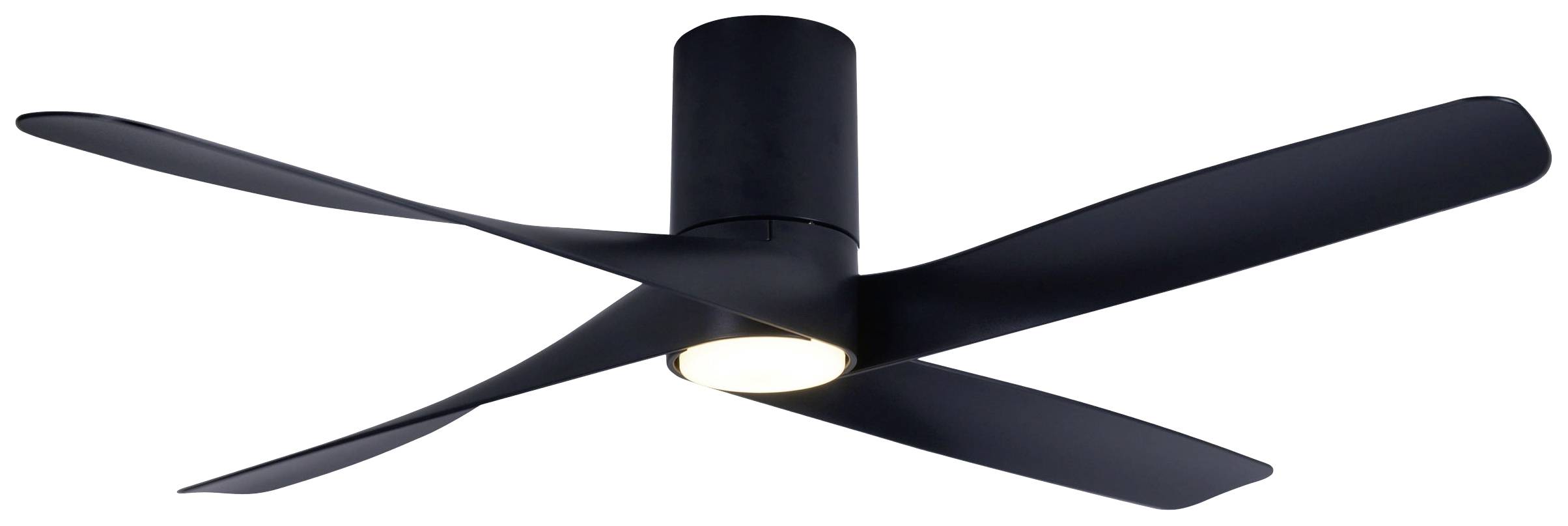 Schwarzer Deckenventilator mit vier flachen Flügeln und integrierter Deckenleuchte im Zentrum. Minimalistisches Design.
