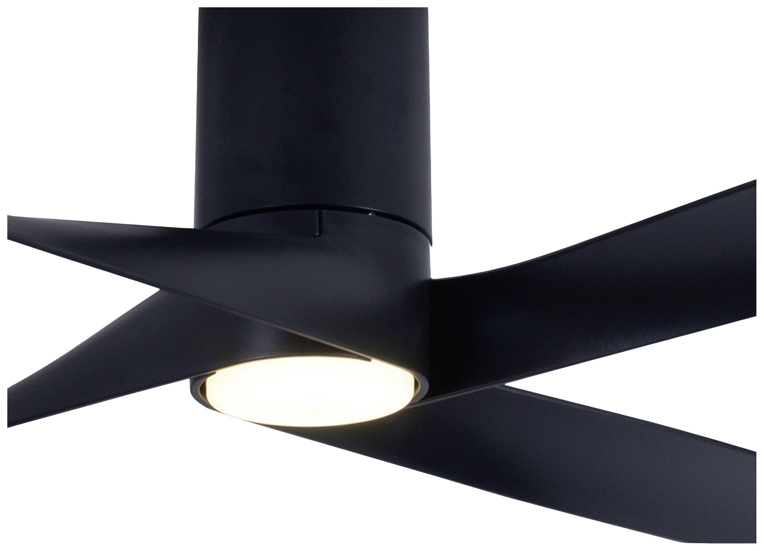 Schwarzer Deckenventilator mit drei geschwungenen Flügeln und integrierter Leuchte, modern und minimalistisch gestaltet.