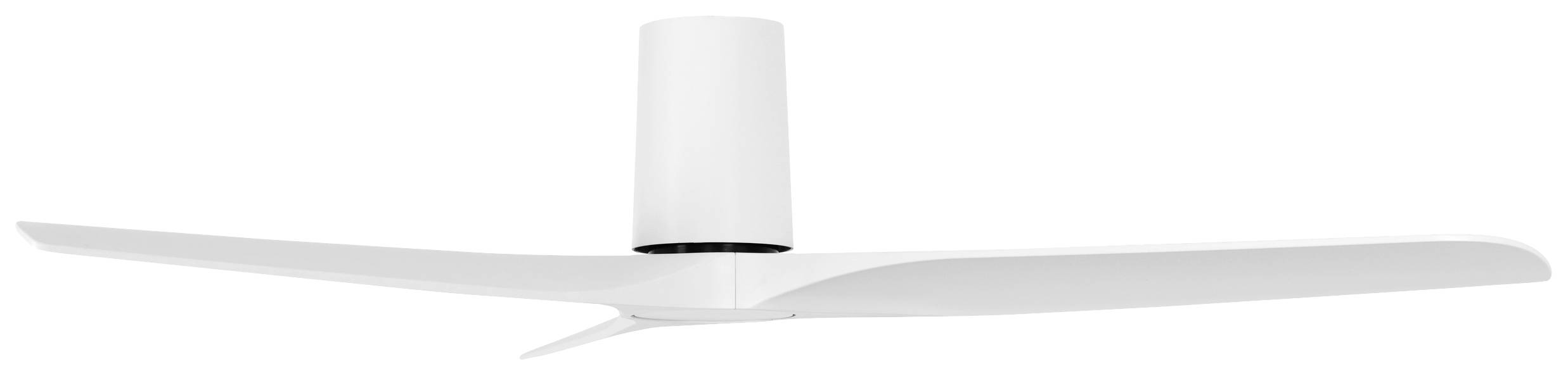 Ein moderner, weißer Deckenventilator mit zwei Flügeln in minimalistischem Design, vor weißem Hintergrund.