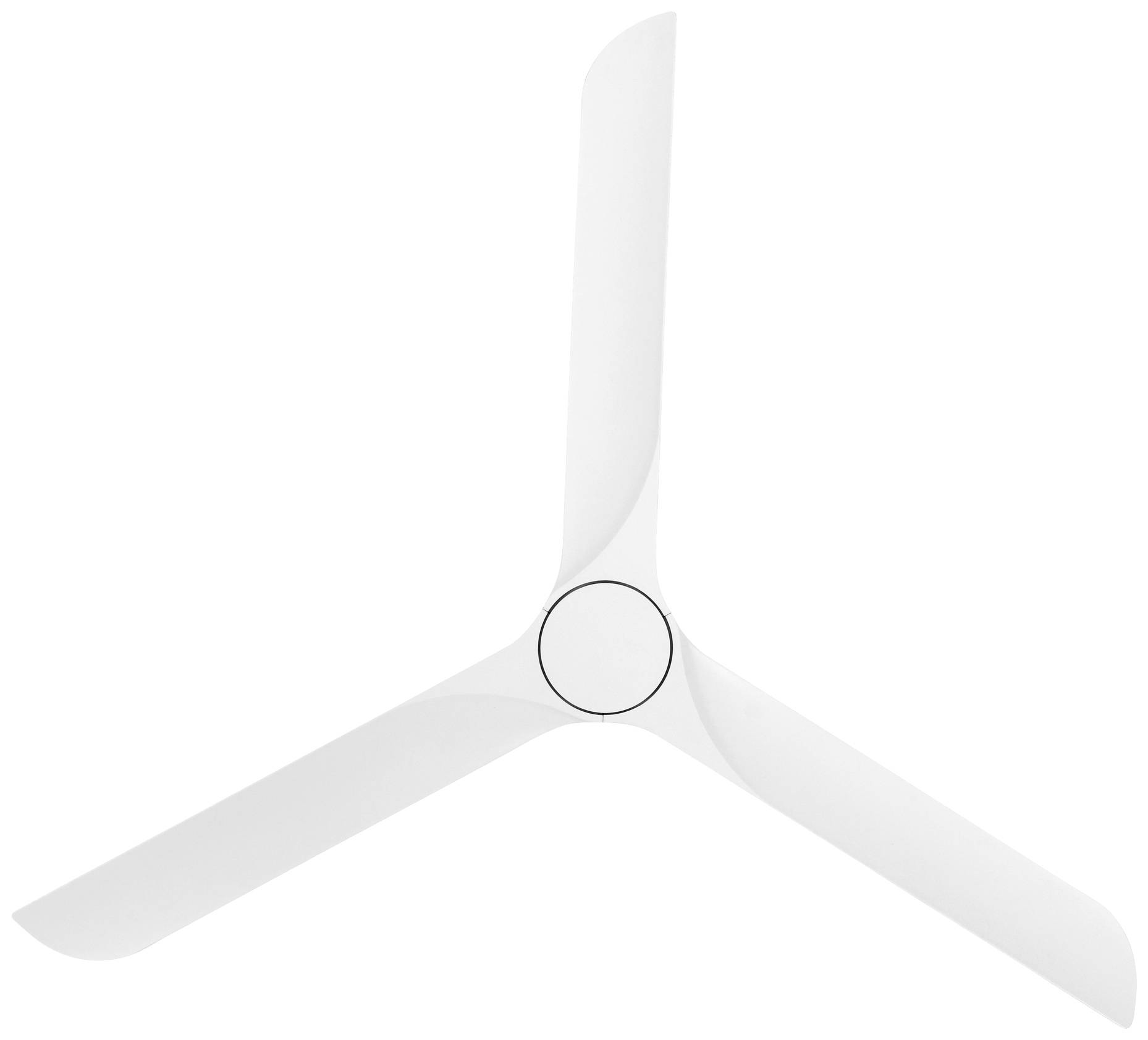 Ein dreiflügeliger weißer Ventilator, der gegen einen weißen Hintergrund sichtbar ist.