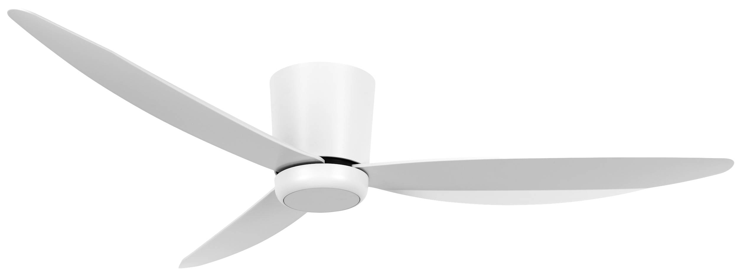 Ein weißer Deckenventilator mit drei breiten, glatten Flügeln, montiert an einer einfachen Basis. Ideal für minimalistisches Raumdesign.