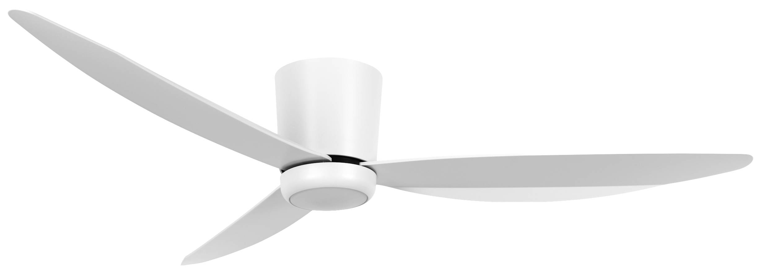 Deckenventilator mit drei weißen Flügeln, modernem Design, an einer weißen Halterung befestigt.