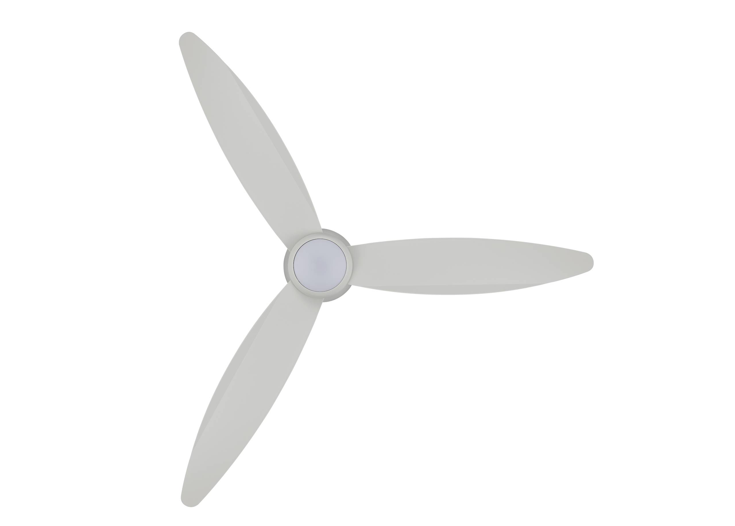 Dreiblättriger Ventilator mit gleichmäßig verteilten weißen Flügeln in ruhender Position, vor einem weißen Hintergrund.