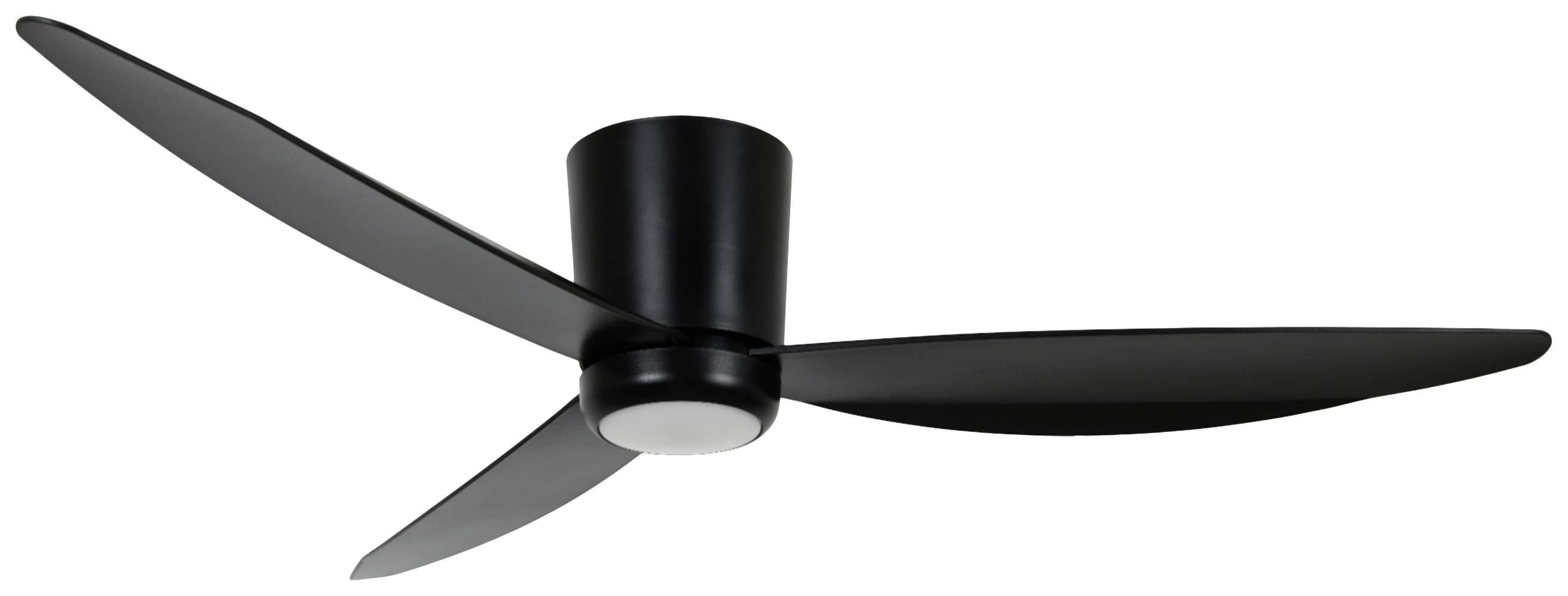 Schwarzer Deckenventilator mit drei Flügeln und modernem Design vor einem weißen Hintergrund.