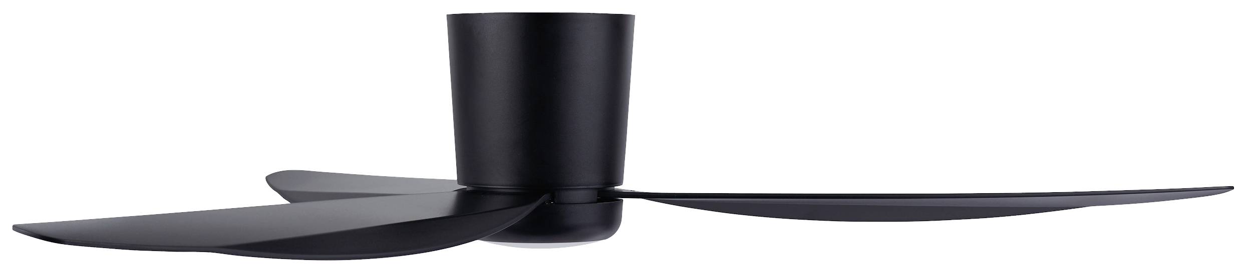 Schwarzer Deckenventilator mit drei flachen Flügeln in horizontaler Position, geeignet für moderne Wohnräume.