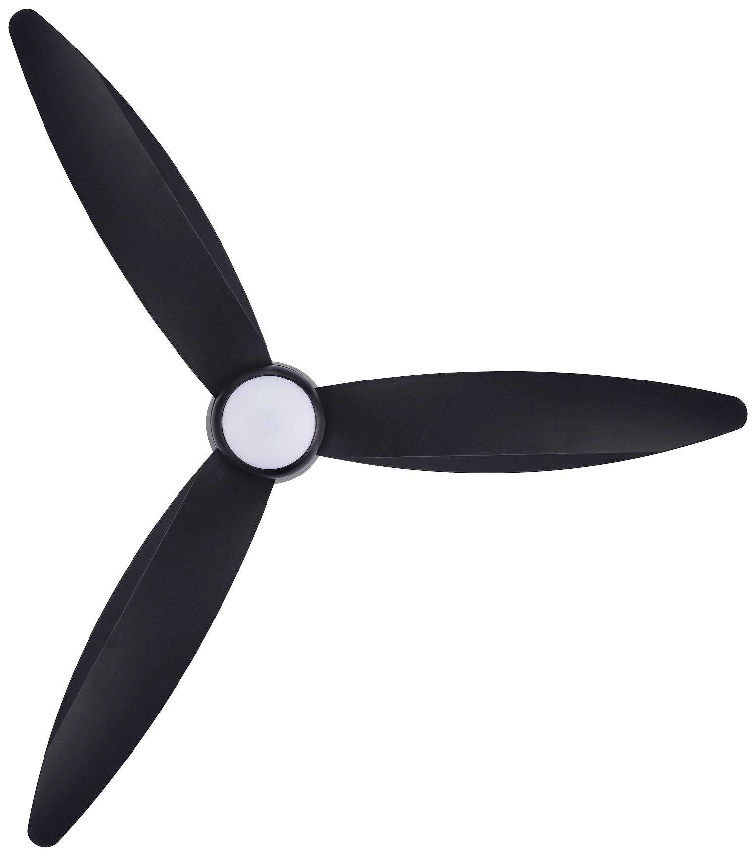 Deckenventilator mit drei schwarzen Flügeln, zentral montiert, vor weißem Hintergrund.