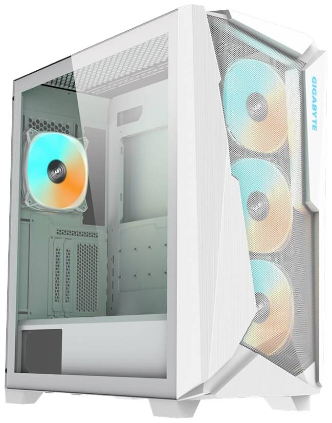 Ein weißes Computergehäuse mit gläserner Seite zeigt bunte Lüfter und ein geräumiges Inneres für PCs. Links steht 'GIGABYTE'.