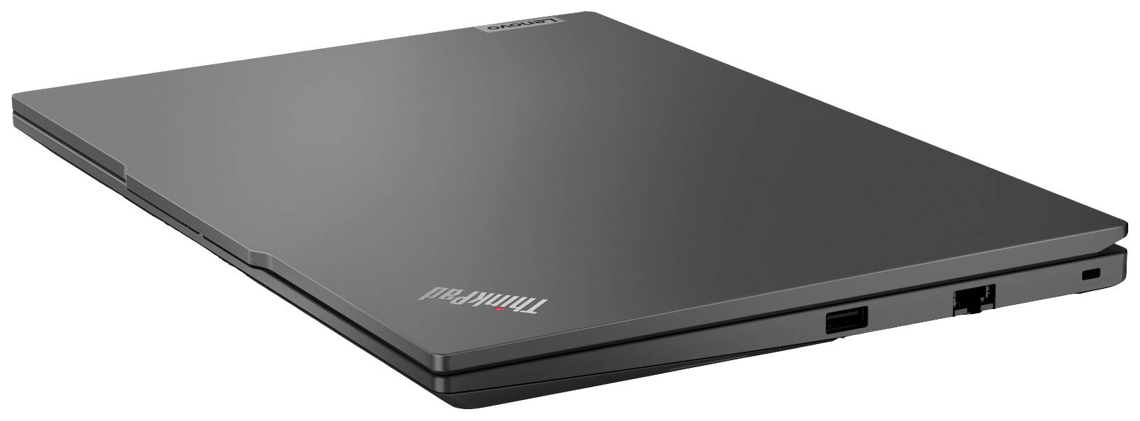 Geschlossener Laptop in schwarzem Design, dünn und modern, mit sichtbarem Markenlogo. Flach auf einer Oberfläche liegend.