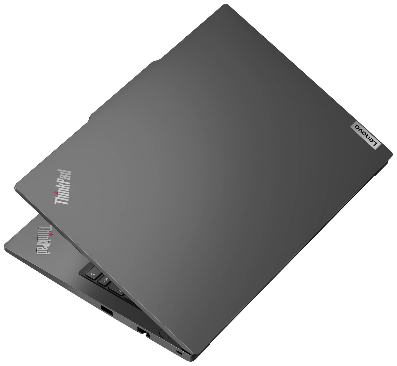 Ein grauer Laptop, teils geöffnet, mit 'ThinkPad'- und 'Lenovo'-Logo auf dem Gehäuse.