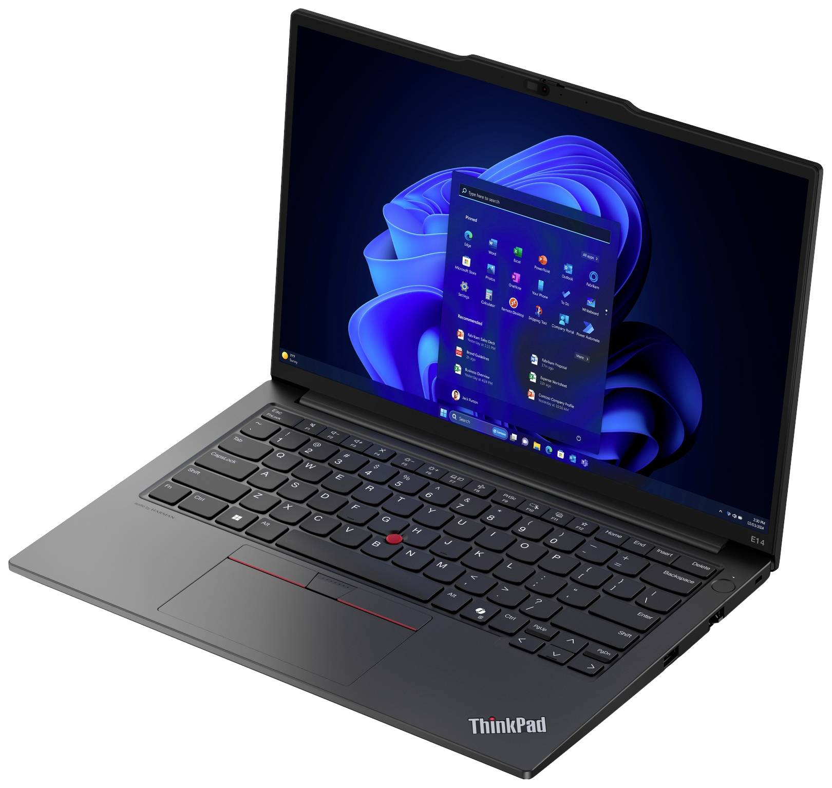 Ein schwarzer Laptop der Marke 'ThinkPad' geöffnet auf einem Tisch, zeigt den Windows-Startbildschirm mit Symbolen auf blauem Hintergrund.