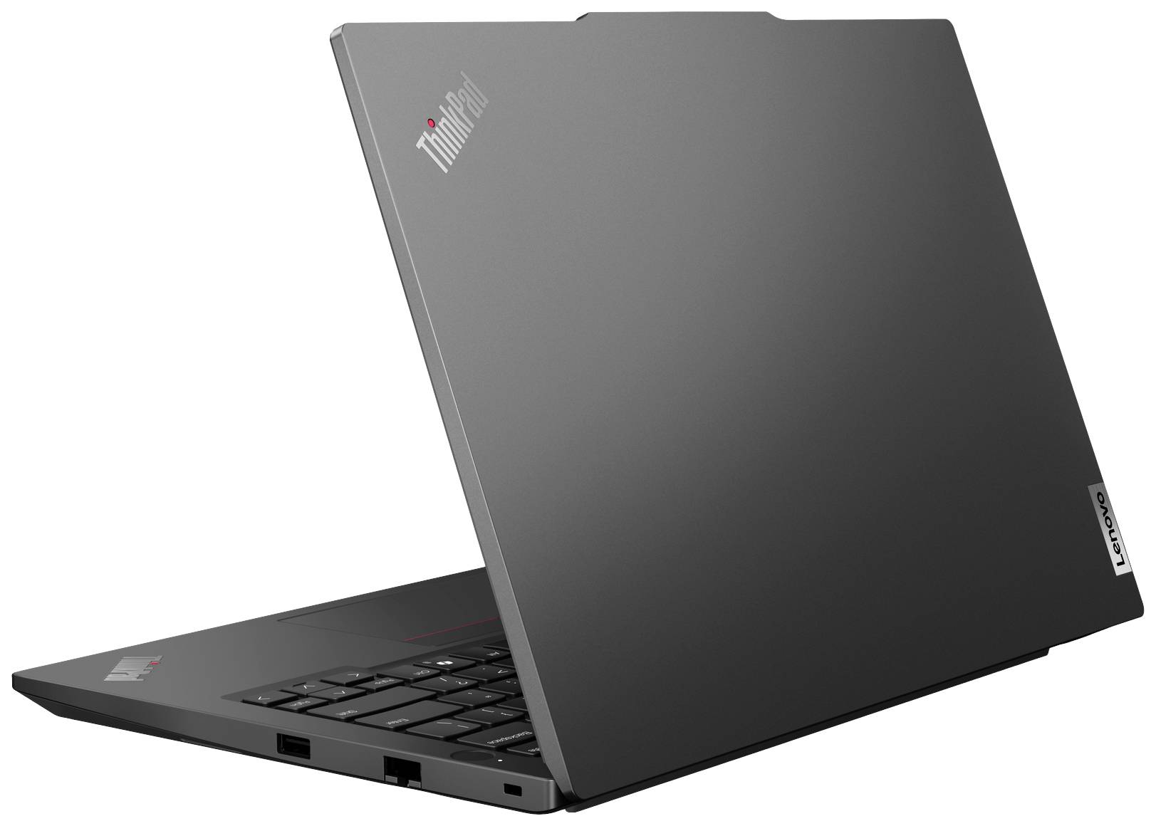 Ein ThinkPad-Laptop mit grauer Oberfläche, leicht geöffnet. Links sind Anschlüsse sichtbar.