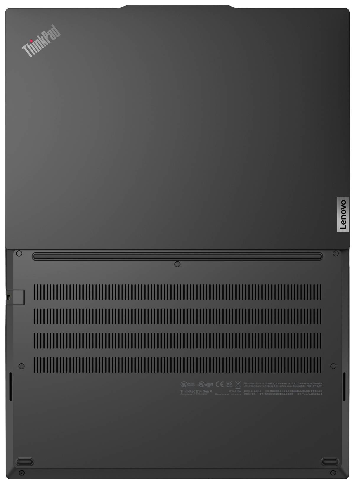 Rückansicht eines Lenovo ThinkPad-Laptops, geschlossen, zeigt das matte, schwarze Gehäuse mit Logos.