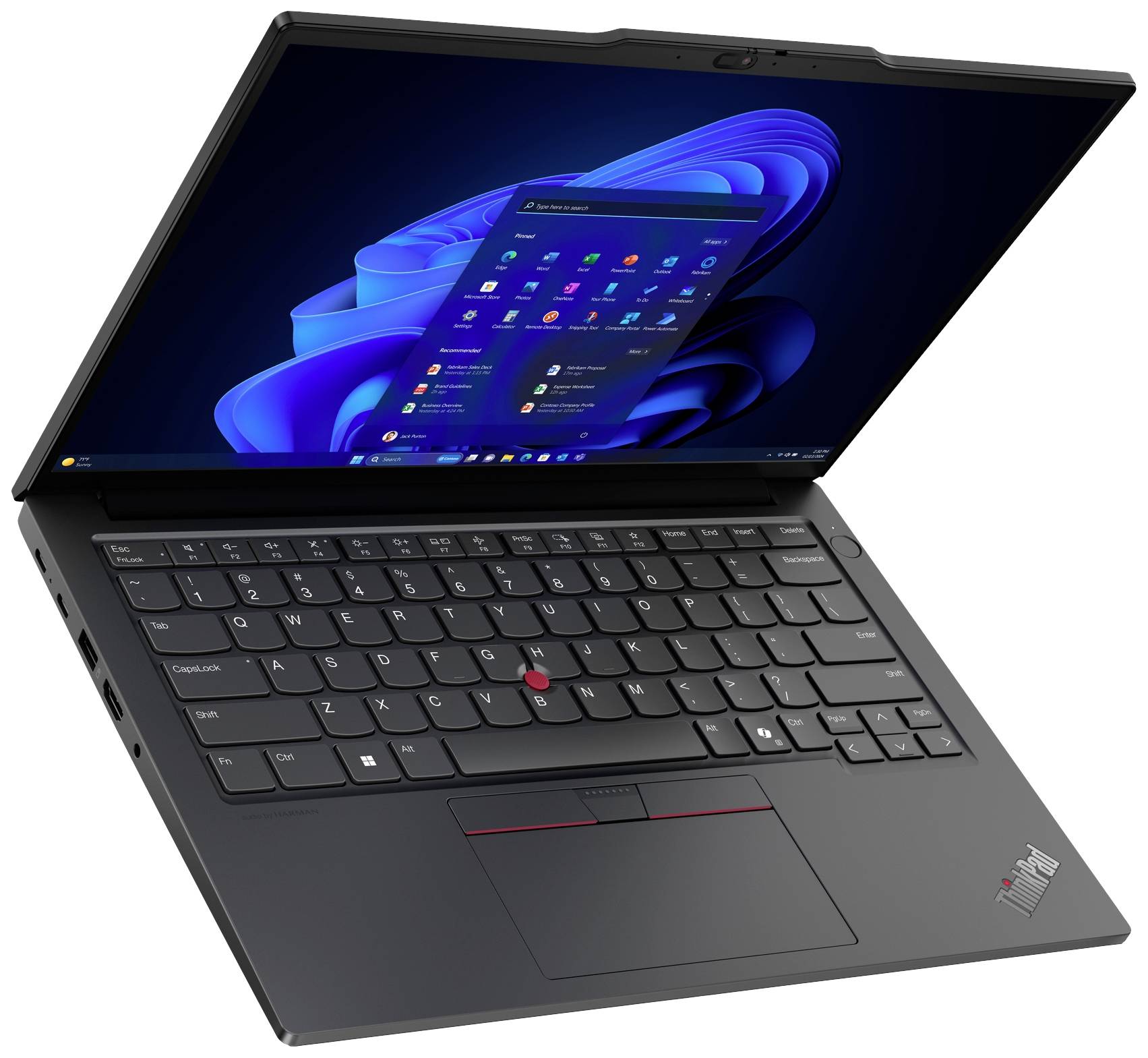 Ein Laptop mit geöffnetem Bildschirm zeigt den Startbildschirm von Windows 11. Die Tastatur und das Touchpad sind deutlich sichtbar.